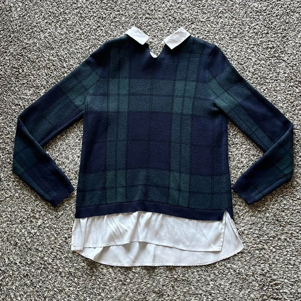 Tahari Green Blue Plaid Blouse Women Medium Collared Preppy Dark Academia Grunge - Picture 4 of 7